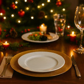 Plato base decorativo en cristal dorado 33 cm con textura circular en relieve brillante