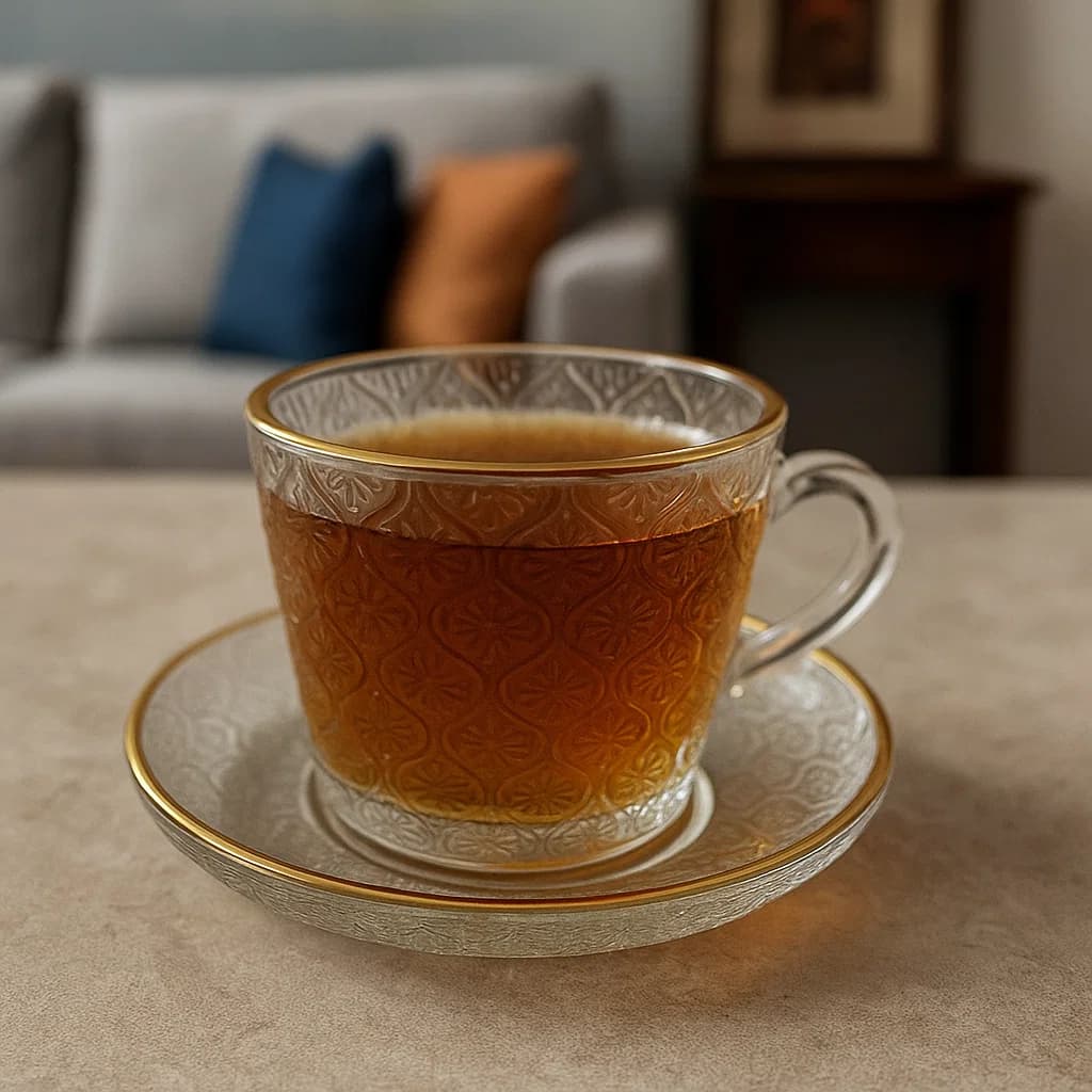 Set de té de vidrio con diseño floral y borde dorado, incluye taza y plato.