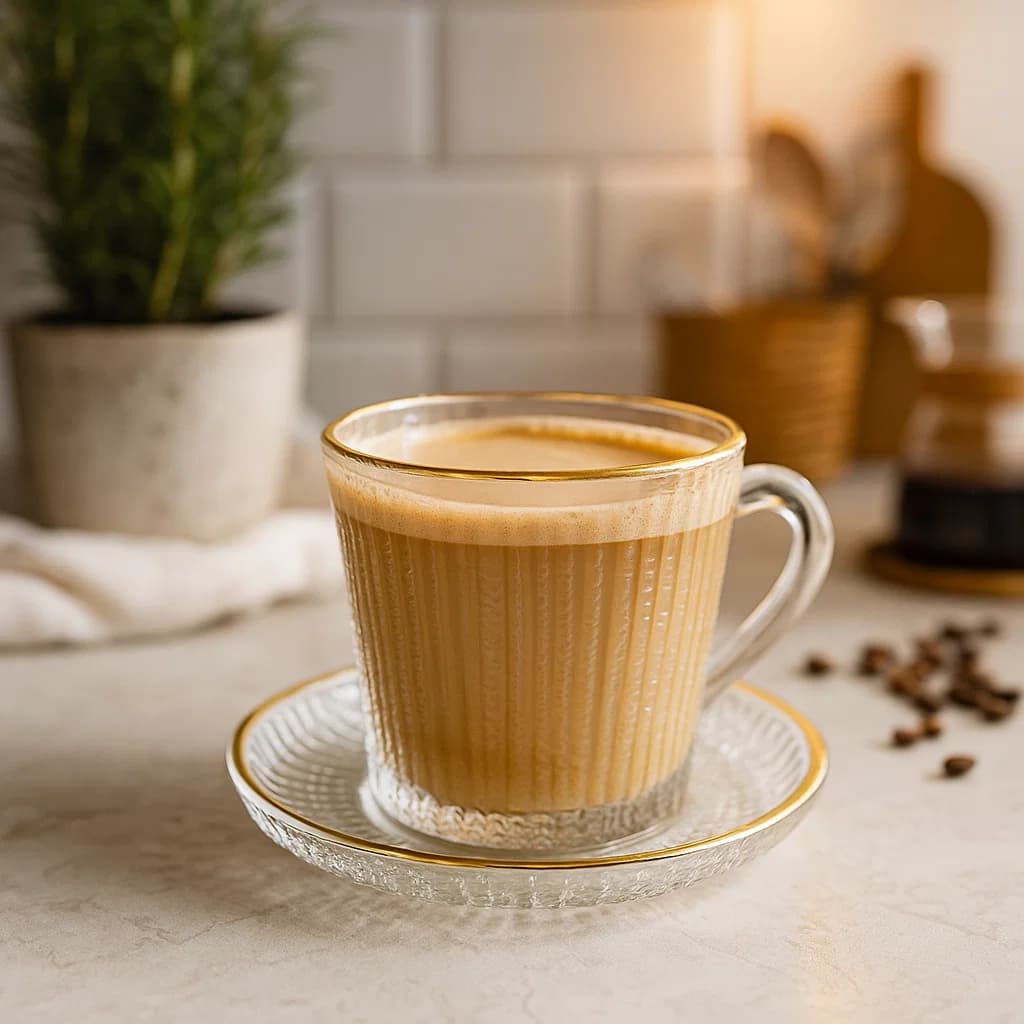 Set de té en vidrio diseño líneas verticales con borde dorado