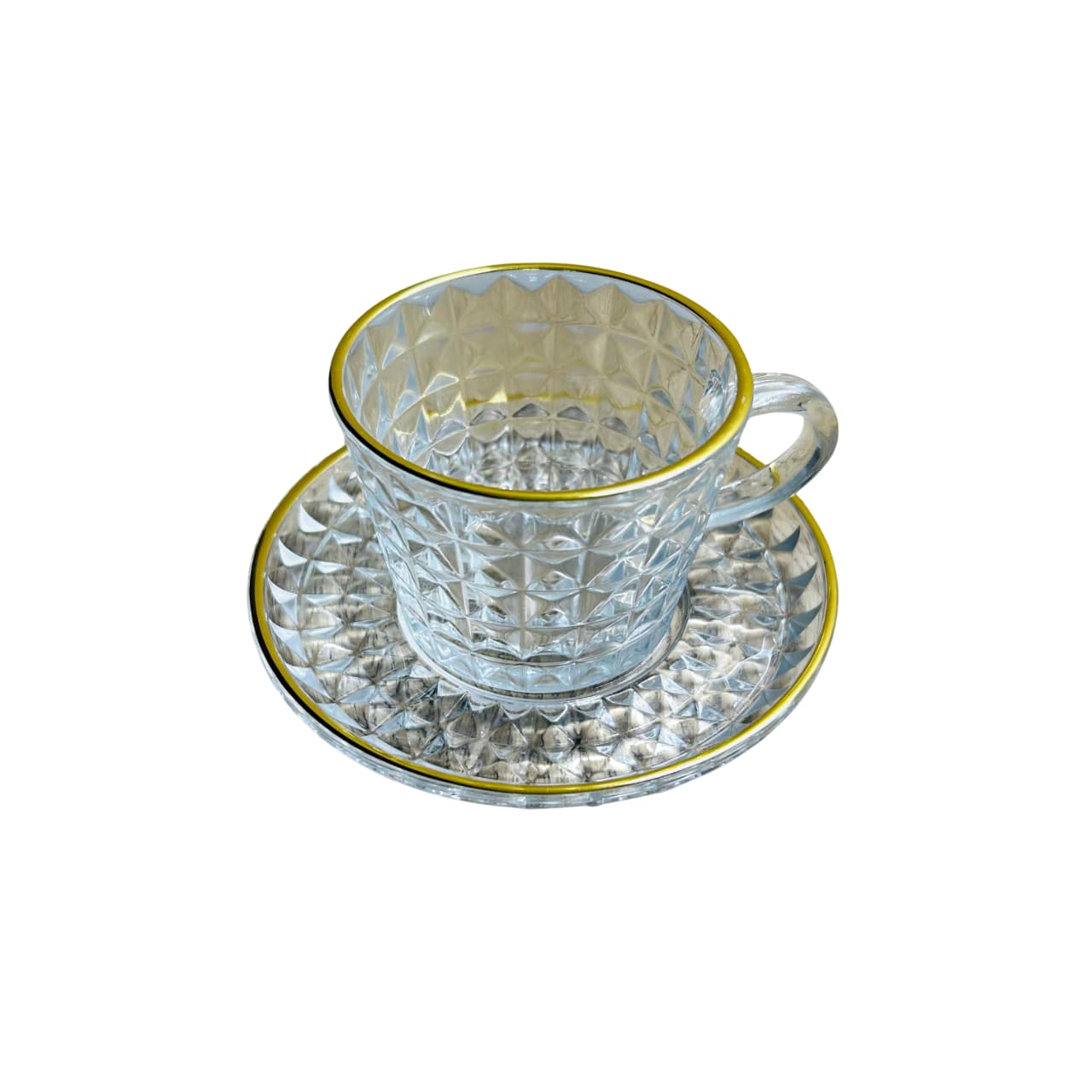 Set de té en vidrio transparente diseño rombos y borde dorado