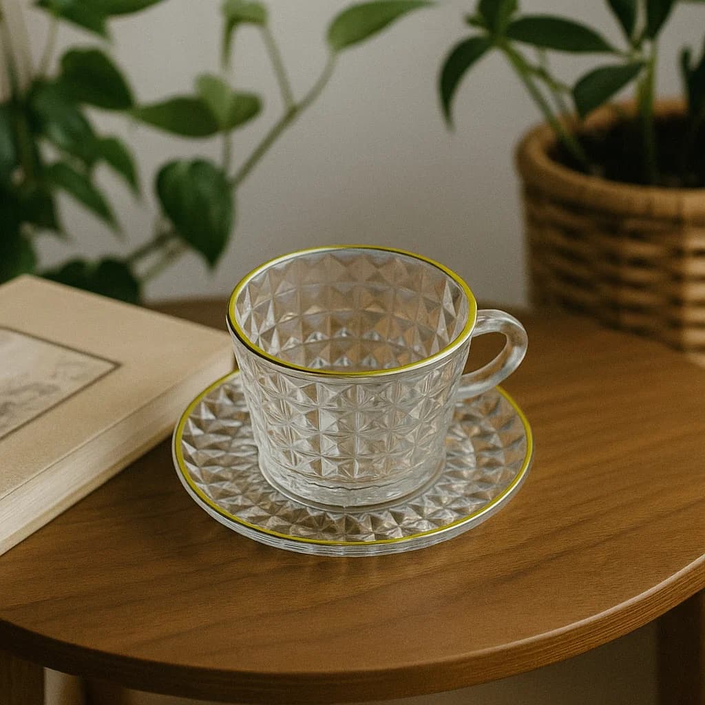 Set de té en vidrio transparente diseño rombos y borde dorado