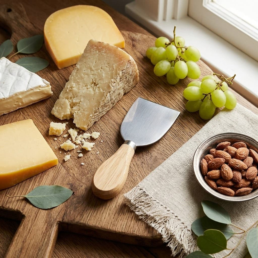 Vista frontal de cuchillo para queso tipo espátula de 30 cm