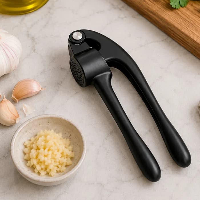 Prensa de ajo manual negra de acero inoxidable 17 cm