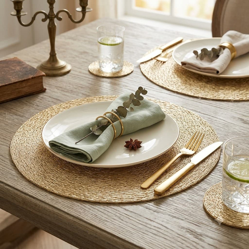 Individual para mesa redondo de 36 cm en PVC dorado con portavaso y diseño espiral