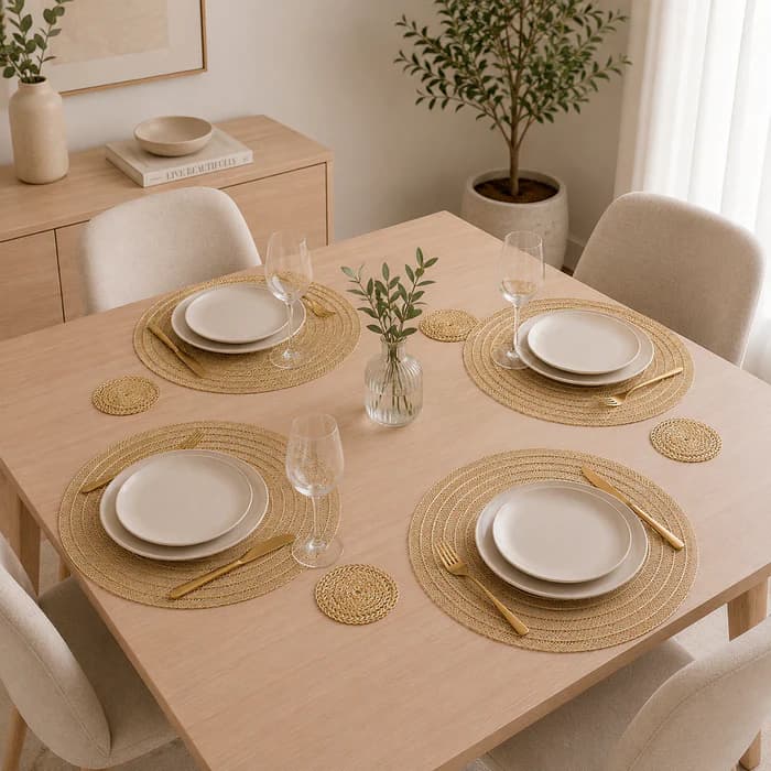 Individual para mesa redondo de 36 cm en PVC dorado con portavaso y diseño de círculos