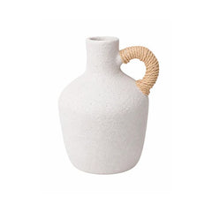 Florero decorativo blanco tipo cántaro con asa de cuerda
