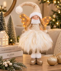 Muñeco ángel navideño de pie beige de 50 cm con alas iluminadas