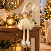 Muñeco ángel navideño de 30 cm con alas doradas, vestido blanco y luces decorativas.