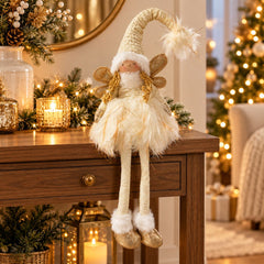 Muñeco ángel navideño de 30 cm con alas doradas, vestido blanco y luces decorativas.