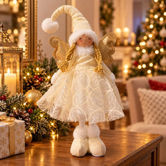 Muñeco ángel navideño de pie de 50 cm con alas doradas, vestido blanco y luces decorativas.