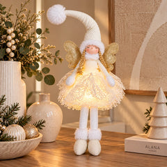 Muñeco ángel navideño de 30 cm con alas doradas vestido de tul y luces