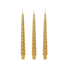 Set x3 velas decorativas doradas con diseño de árbol de Navidad.