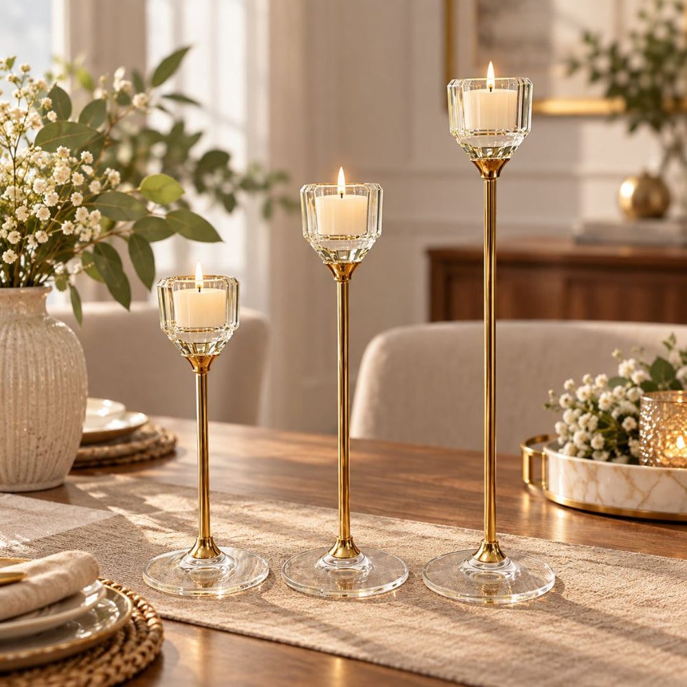 Set x3 candelabros de niveles en cristal transparente con estructura dorada