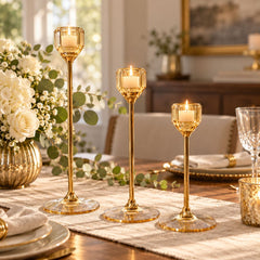 Set x3 candelabros de niveles en cristal ámbar con estructura dorada