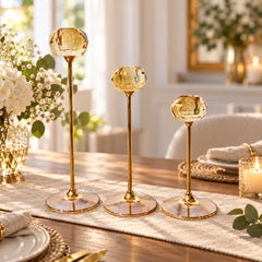 Set x3 candelabros de niveles en cristal circular ámbar con estructura dorada