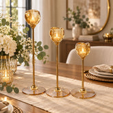 Set x3 candelabros de niveles en cristal diseño flor ámbar con estructura dorada