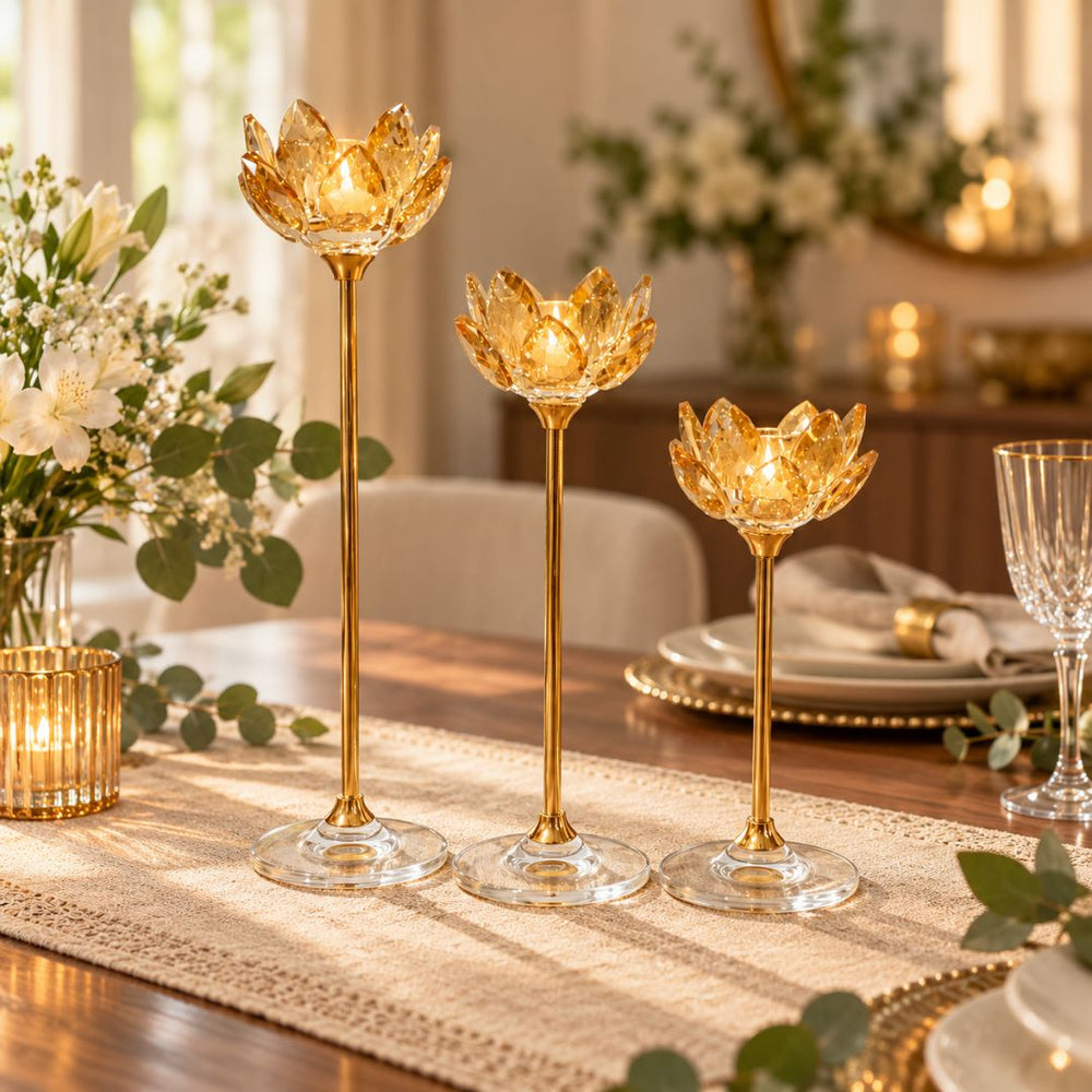 Set x3 candelabros de niveles en cristal Flor de Loto ámbar con estructura dorada