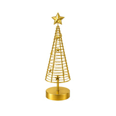 Árbol navideño decorativo dorado con luces.