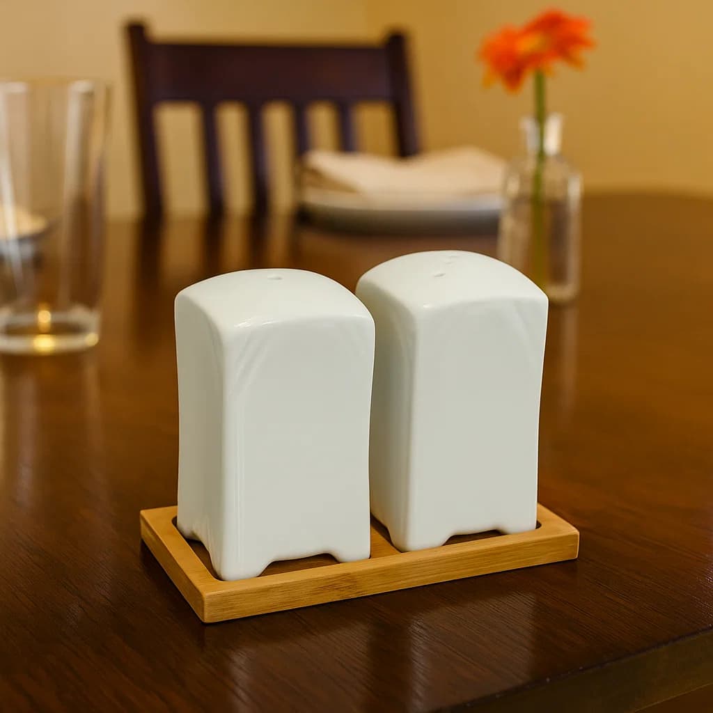 Set de saleros rectangulares blancos sobre base de madera