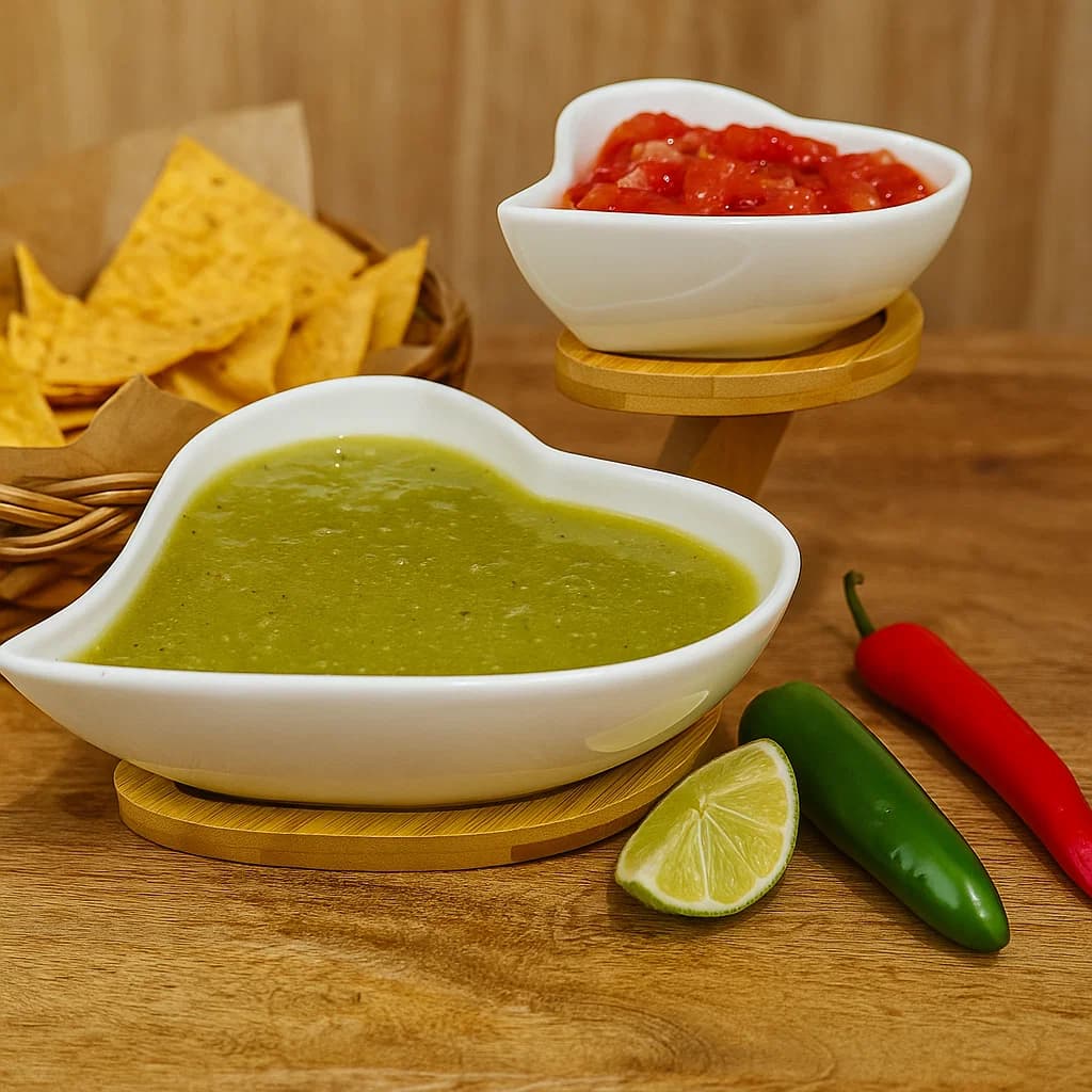 Vista frontal de recipiente blanco sobre soporte de bambú