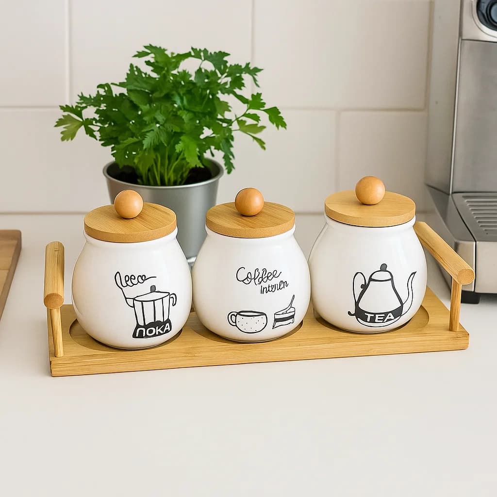 Recipientes blancos con tapas de bambú alineados en soporte