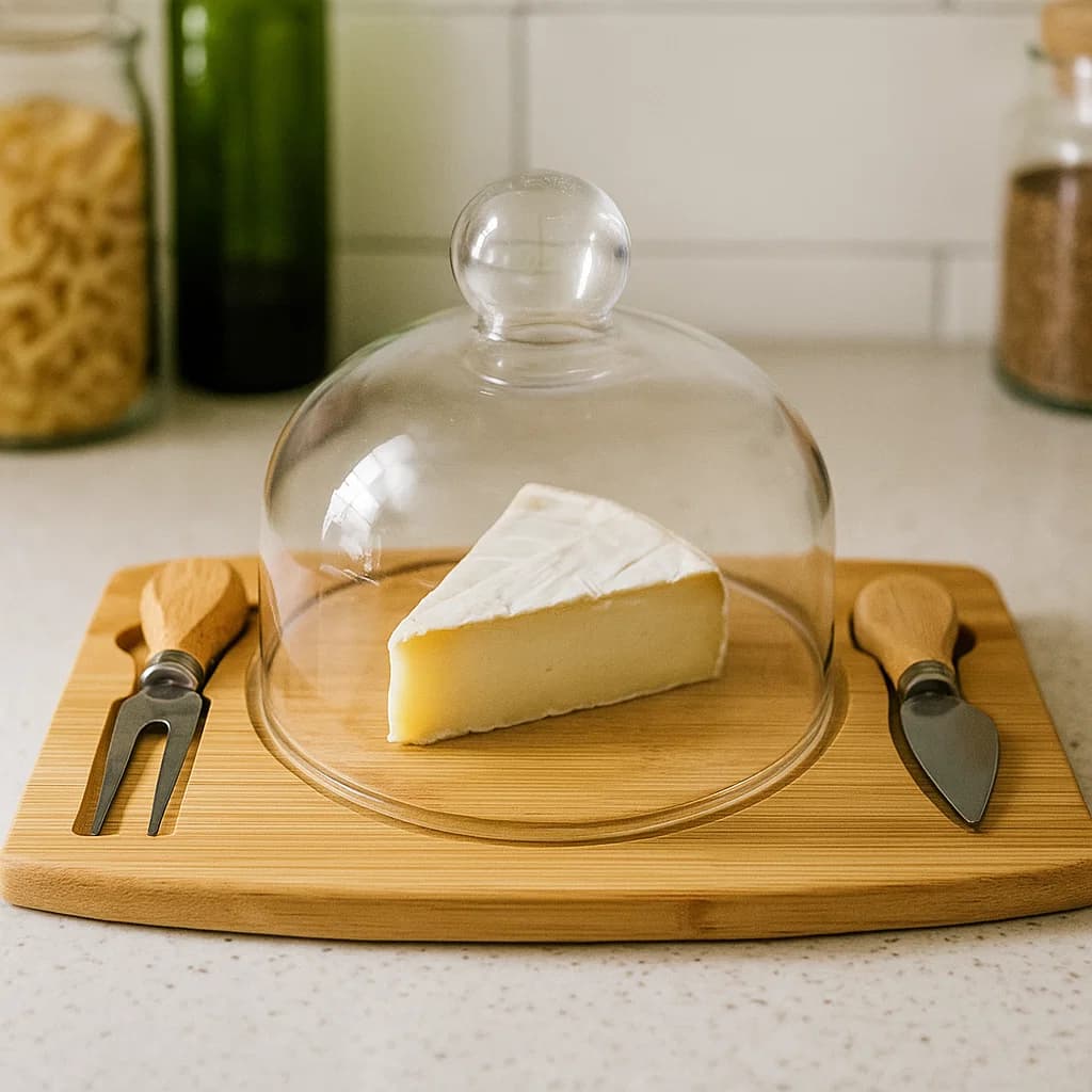 Tabla de queso con domo de vidrio y utensilios al lado
