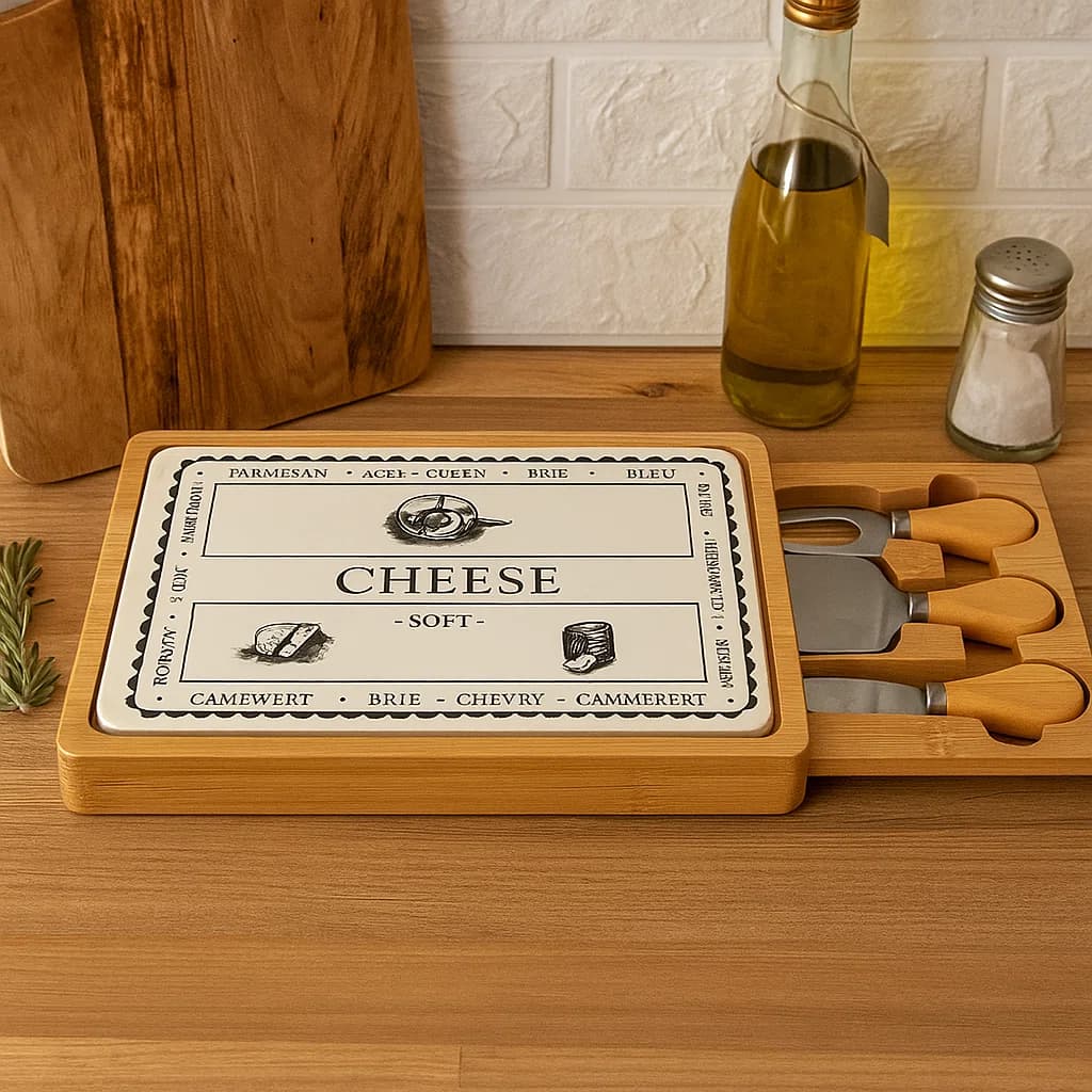 Set tabla de queso con cuchillos dentro de cajón