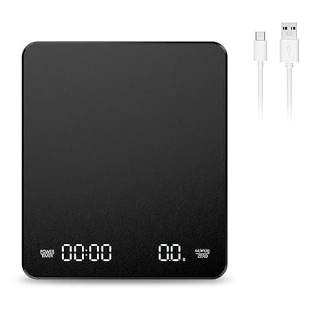 Gramera digital negra de café con pantalla y temporizador Frontal