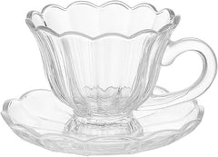 Set taza y plato de vidrio con diseño floral