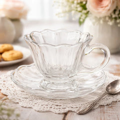 Set de pocillo con plato de vidrio 75 ml diseño floral transparente con bordes ondulados
