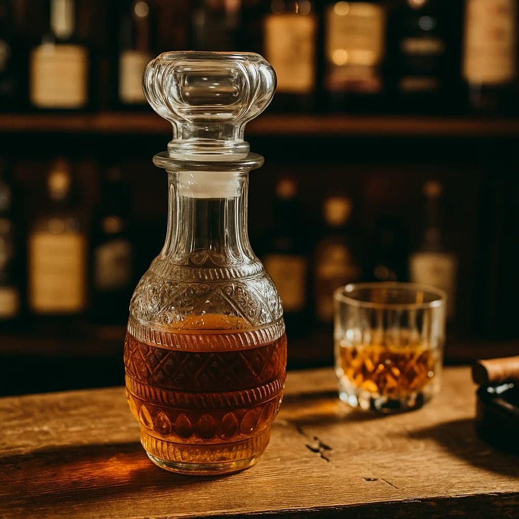 Whiskera de vidrio 230 ml transparente con diseño tribal grabado y tapa redonda