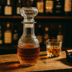 Whiskera de vidrio 230 ml transparente con diseño tribal grabado y tapa redonda