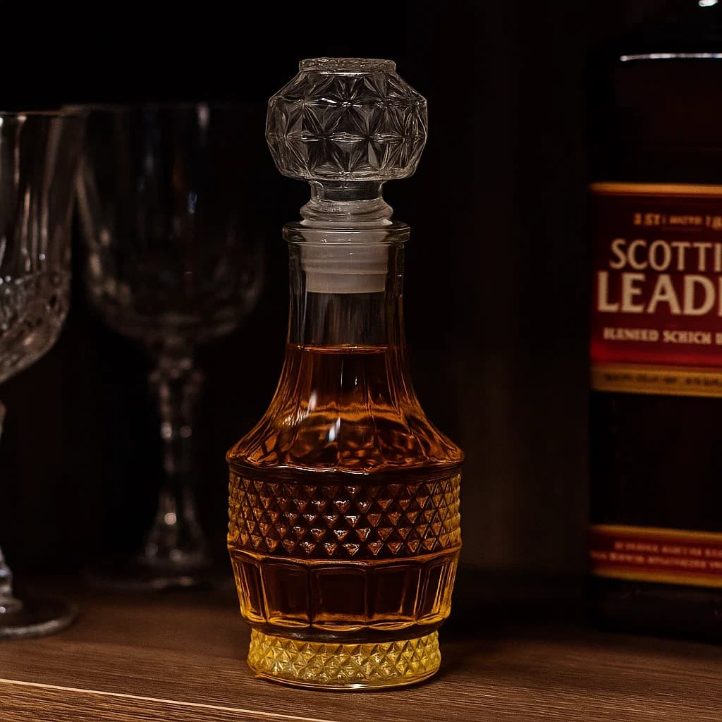 Whiskera en vidrio transparente con diseño en relieve de rombos y tapa facetada