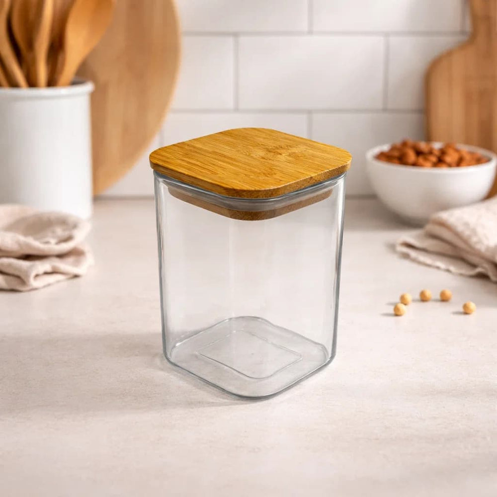 Recipiente de vidrio rectangular 220 ml con tapa de bambú transparente