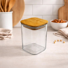 Recipiente de vidrio rectangular 220 ml con tapa de bambú transparente