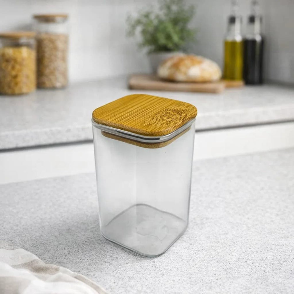 Recipiente de vidrio rectangular 280 ml con tapa de bambú transparente