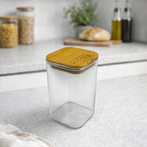 Recipiente de vidrio rectangular 280 ml con tapa de bambú transparente