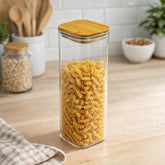 Recipiente de vidrio rectangular 560 ml con tapa de bambú transparente