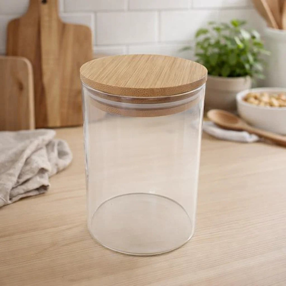 Recipiente de vidrio 1000 ml con tapa de bambú diseño circular transparente grande