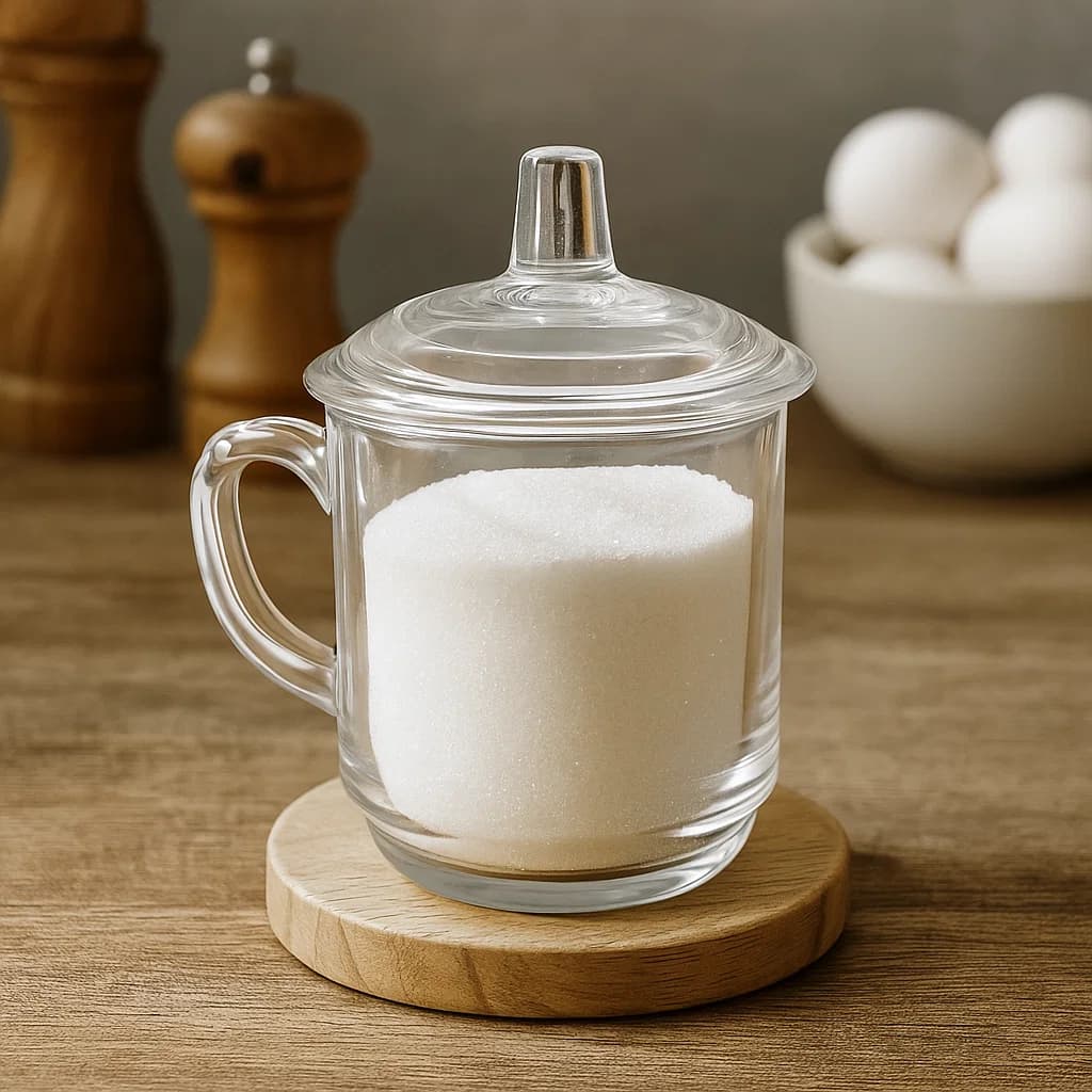 Azucarera de vidrio 290 ml con tapa transparente y asa lateral.