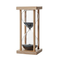 Reloj de arena decorativo con arena negra y base de madera