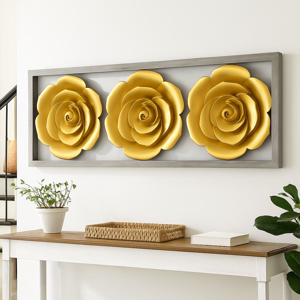 Juego de 3 flores 3D metálicas doradas