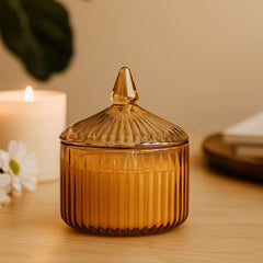 Bombonera de vidrio 240 ml con diseño de líneas naranja y tapa