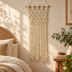 Colgante Decorativo Tejido Con Nudos y flecos Blanco 33x78cm