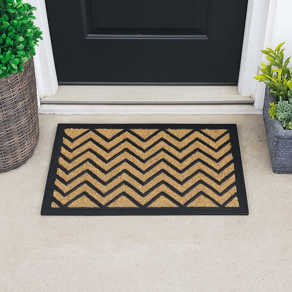 Felpudo Coco Goma Natural 40x60 cm Lala Home diseño Ziz Zag marrón y negro con borde de caucho