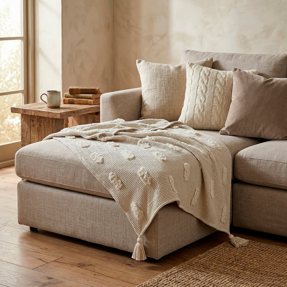 Frazada Greyton 664 taupe 125×150 cm con textura tejida en relieve y borlas decorativas