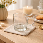 Pocillo de vidrio 100 ml con asa de burbujas diseño texturizado transparente