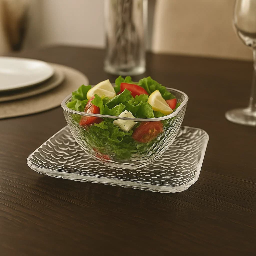 Tazón de vidrio con plato cuadrado y textura en relieve tipo trazos