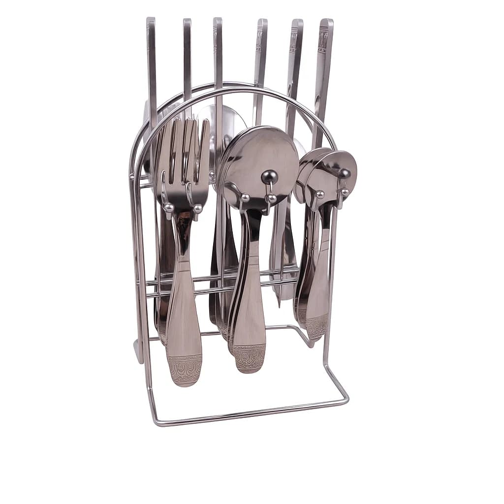 Set de cubiertos de 24 piezas en acero inoxidable con soporte metálico