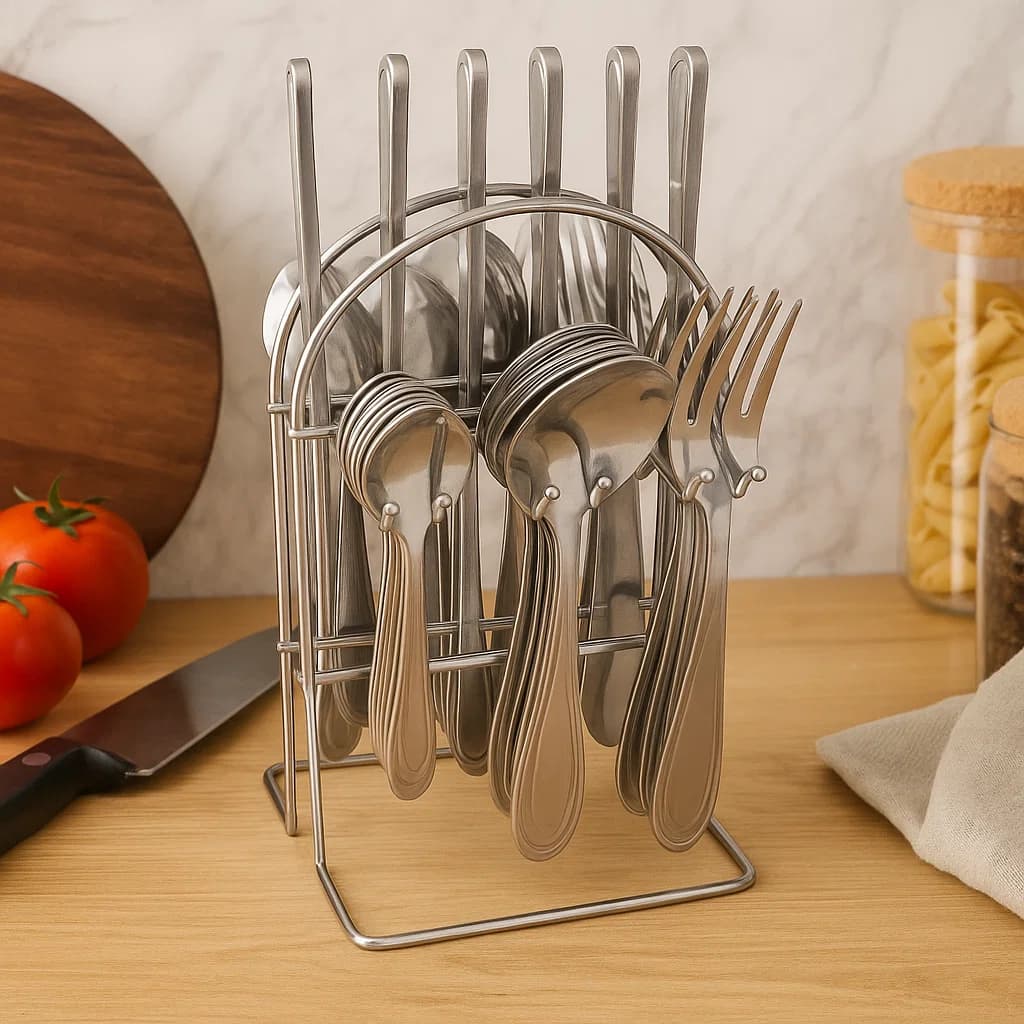 Cubiertos plateados set 24 piezas con base organizadora